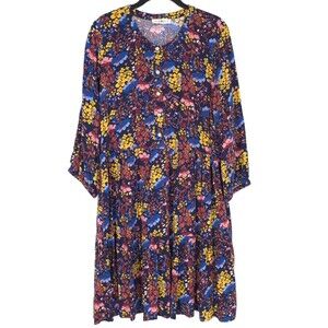 Natural Life Mini Dress MEDIUM Black Multicolor Floral Wide Sleeves 1/2 Button